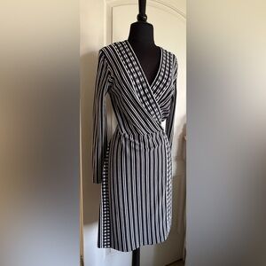 Tory Burch Wrap Dress Black White Striped Knit Long Sleeve Size L